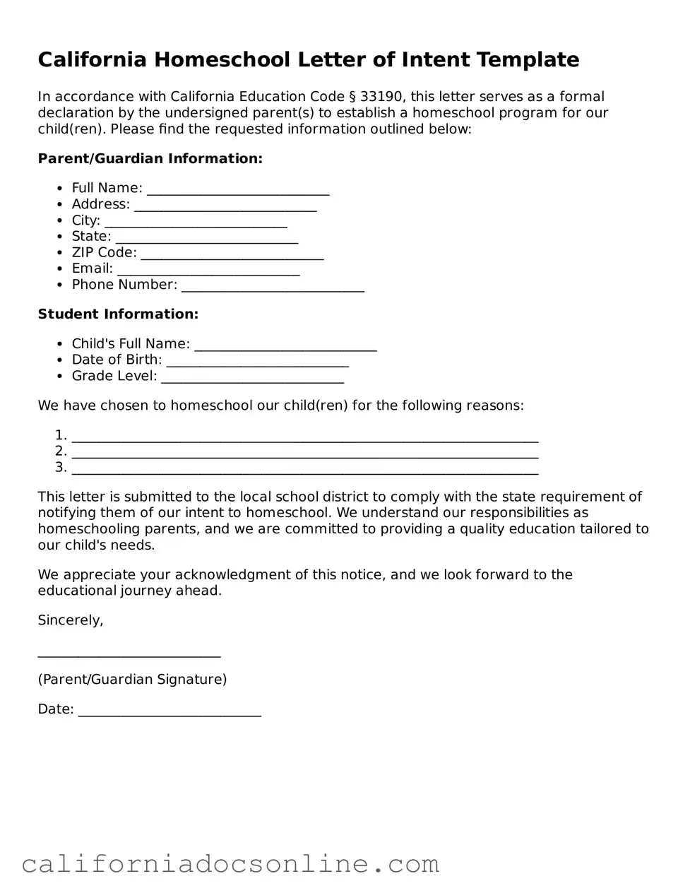 Official California Homeschool Letter of Intent Document