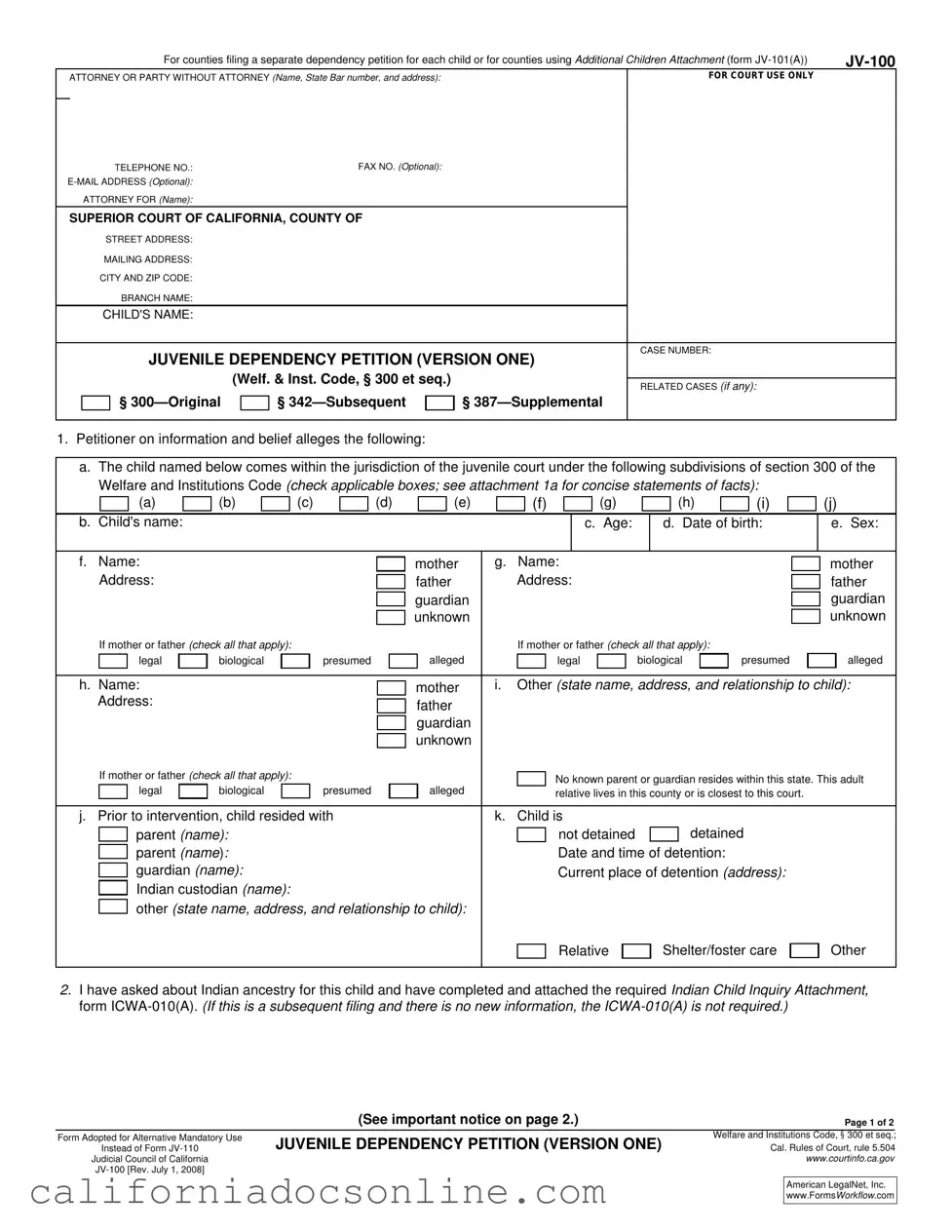 Fill Your California Jv 100 Form