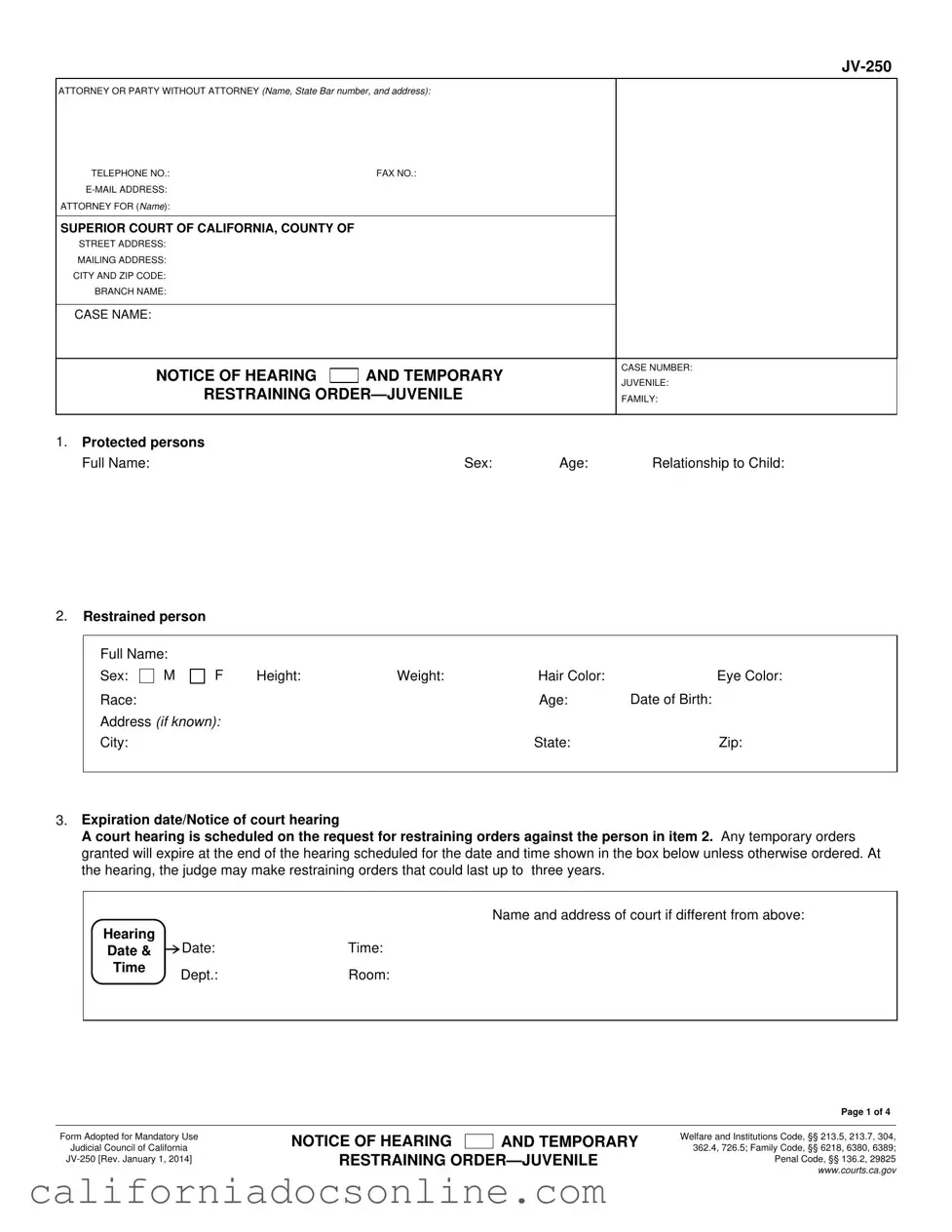 Fill Your California Jv 250 Form
