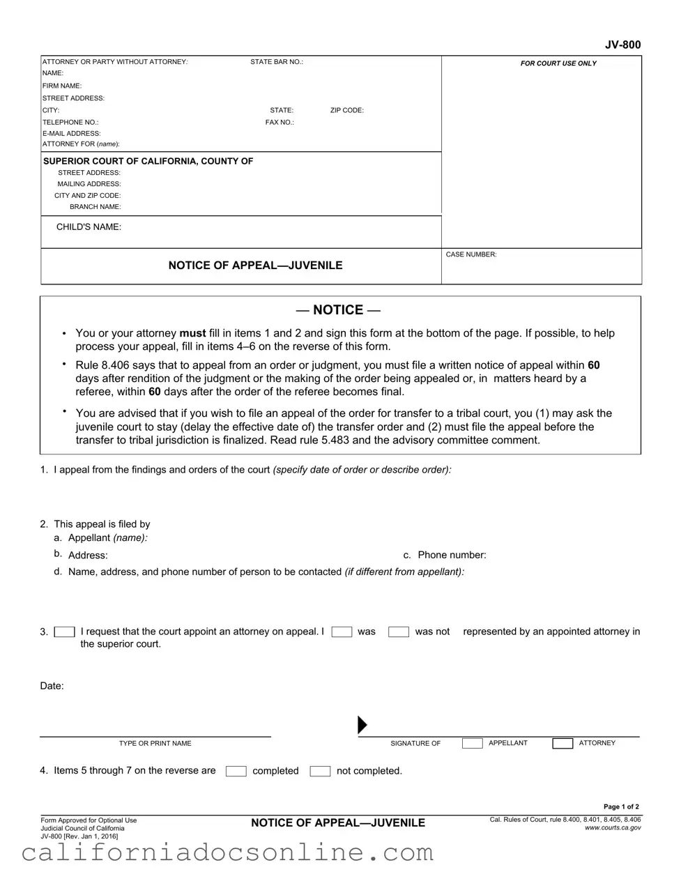 Fill Your California Jv 800 Form