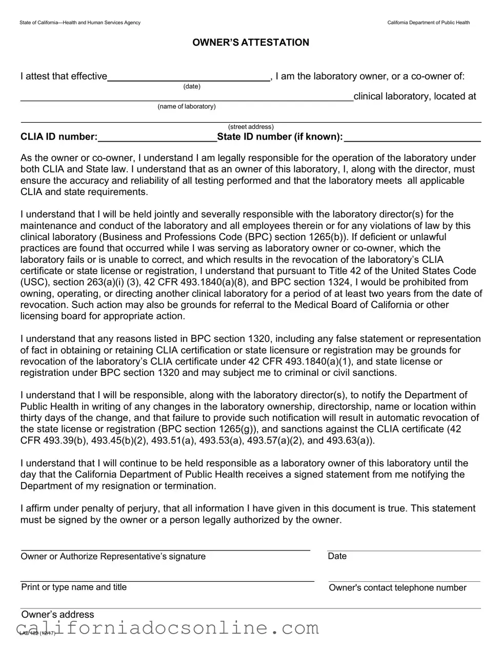Fill Your California Lab 182 Form