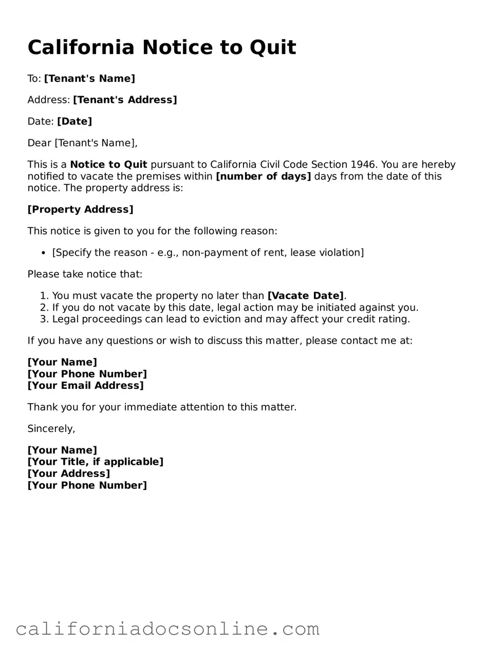 Official California Notice to Quit Document