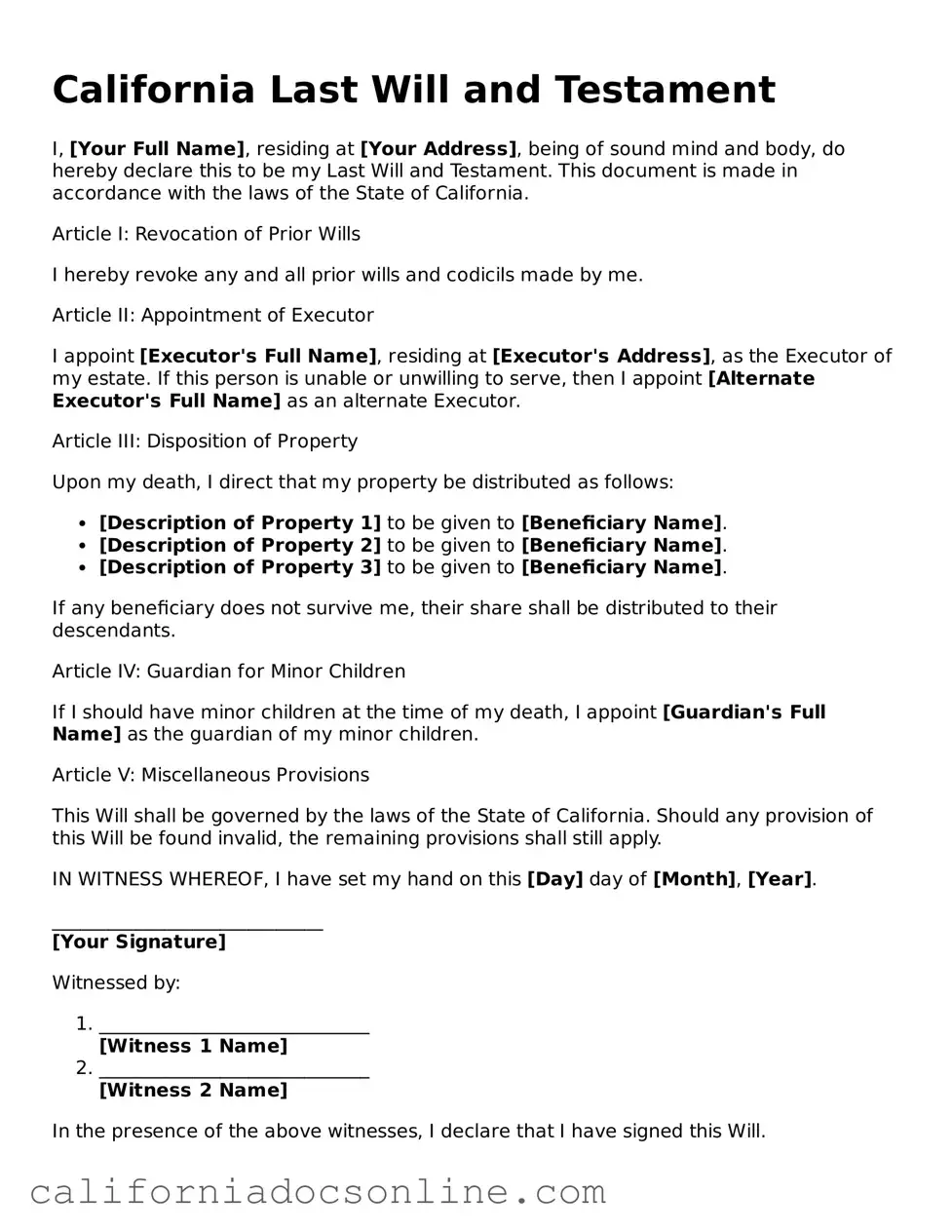 Official California Last Will and Testament Document