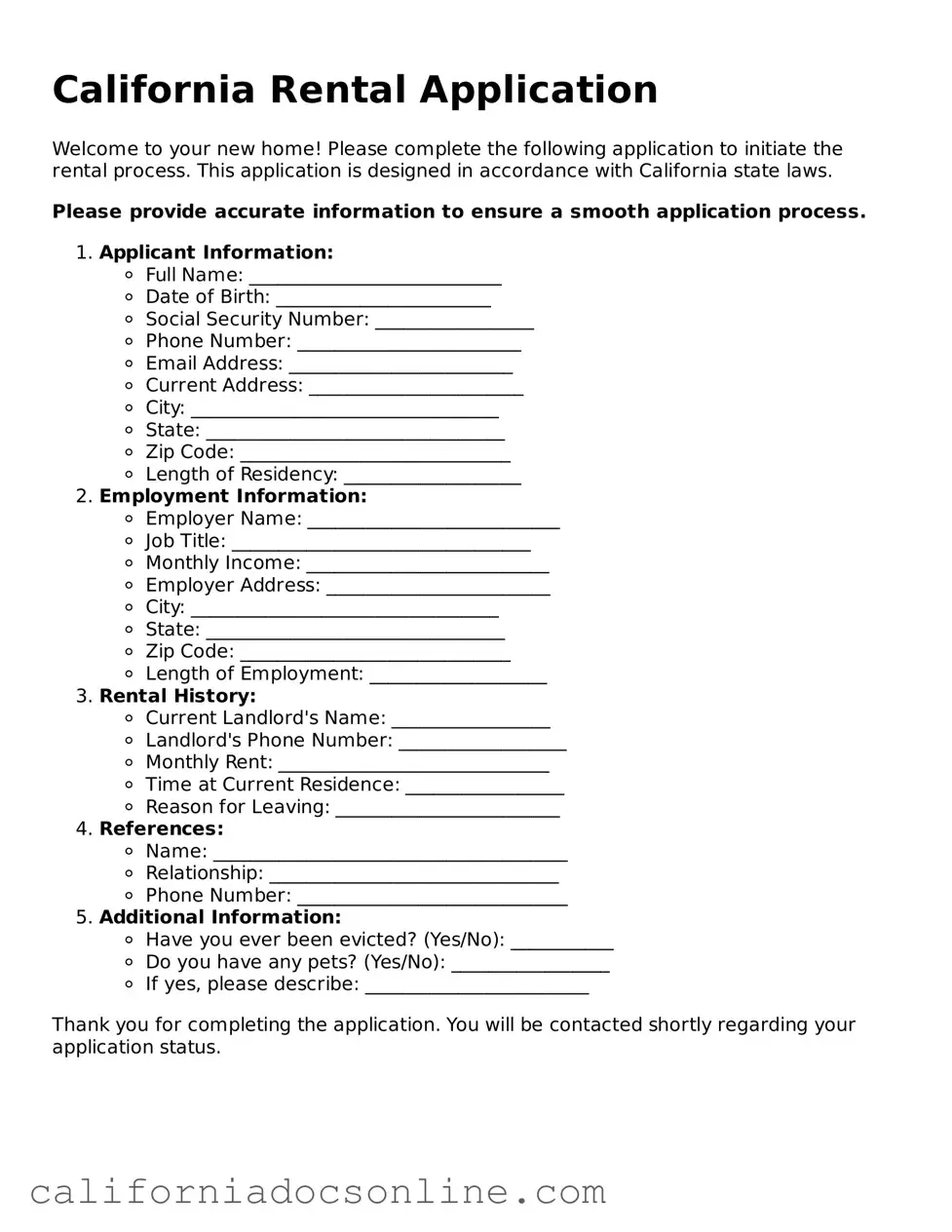 Official California Rental Application Document