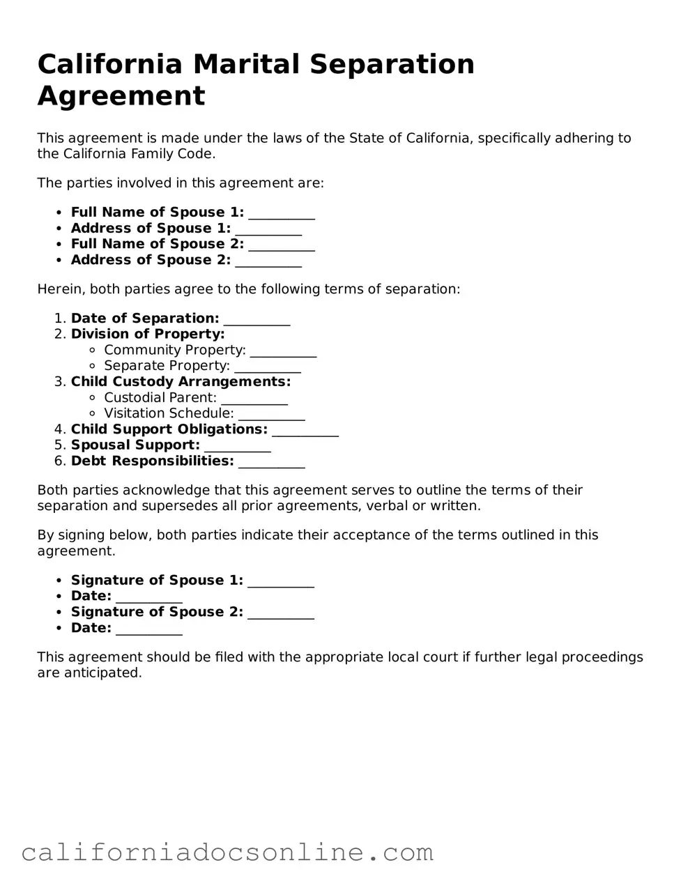 Official California Marital Separation Agreement Document