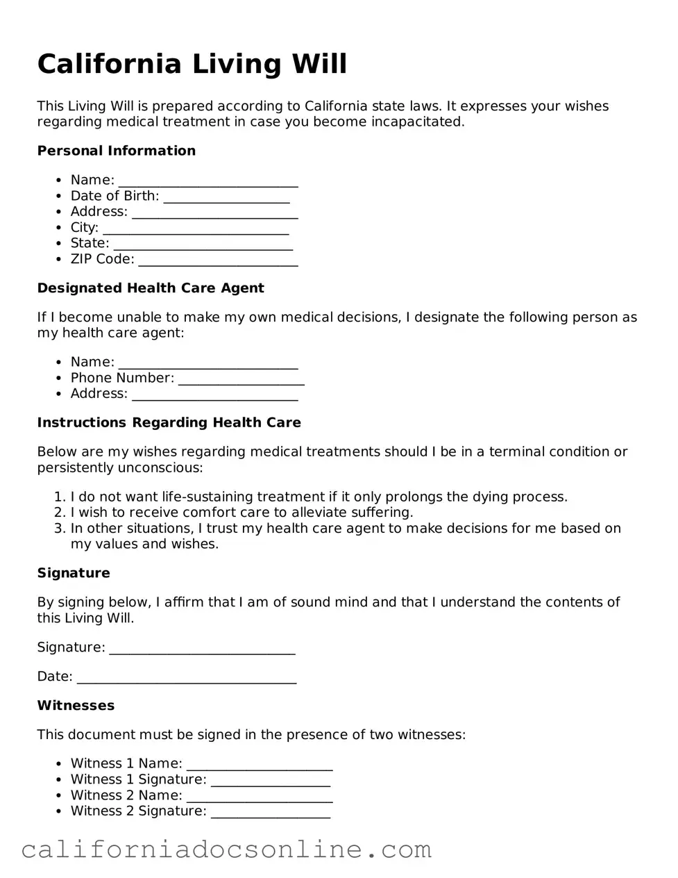 Official California Living Will Document