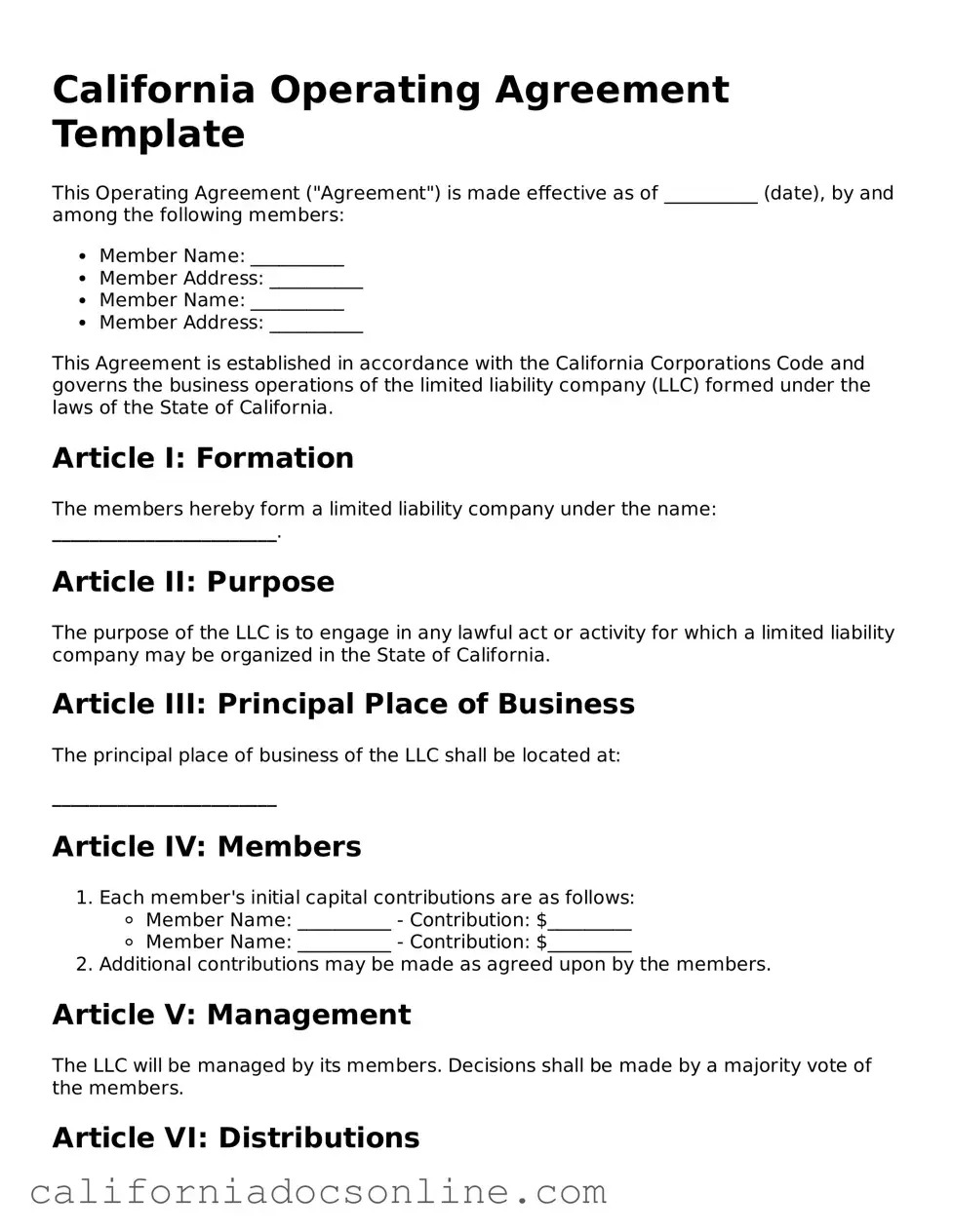 Official California Operating Agreement Document
