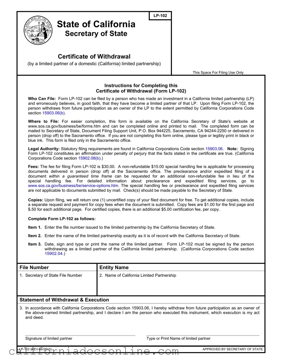 Fill Your California Lp 102 Form