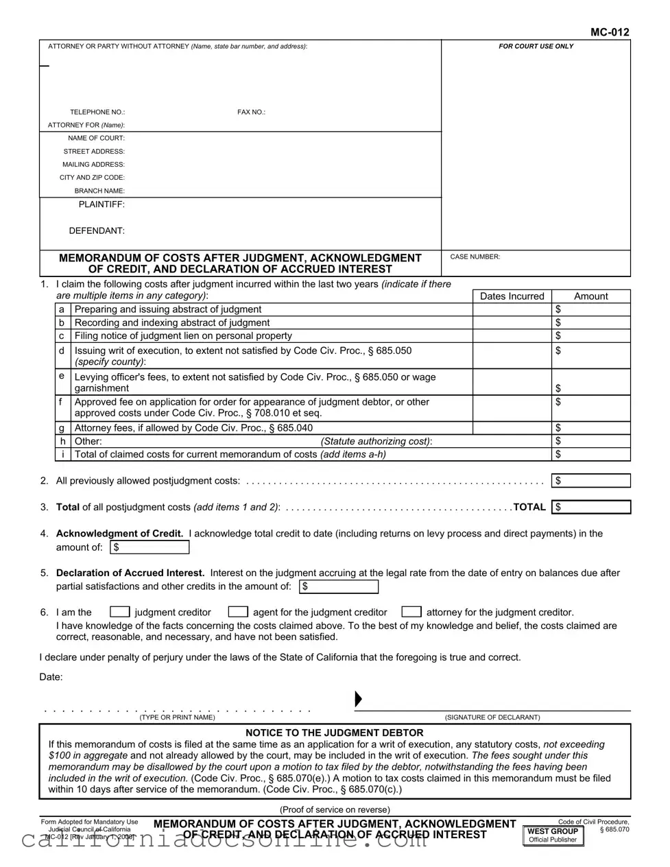 Fill Your California Mc 012 Form