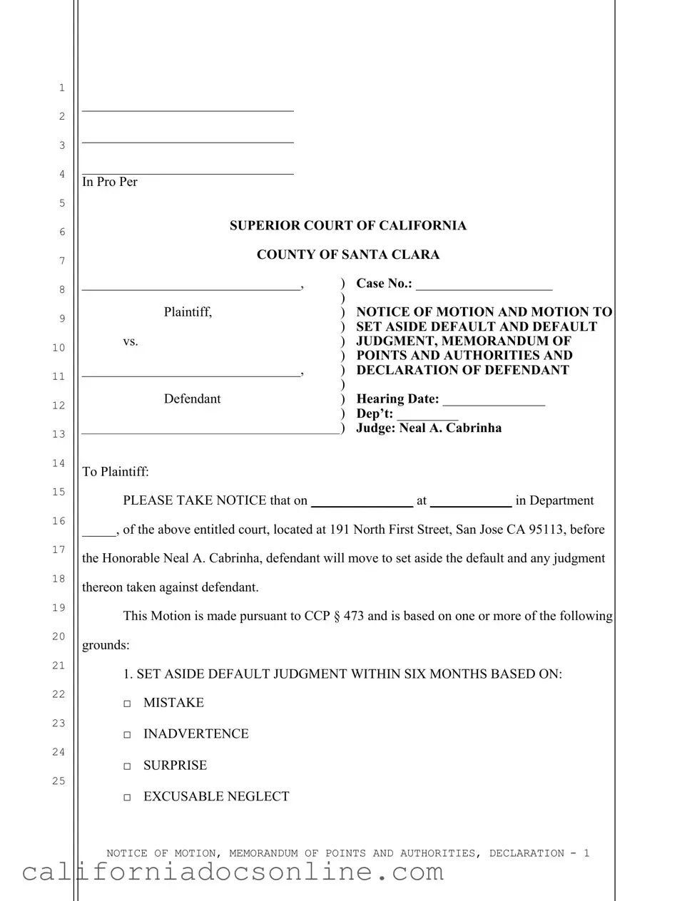 Fill Your California Motion Set Aside Form