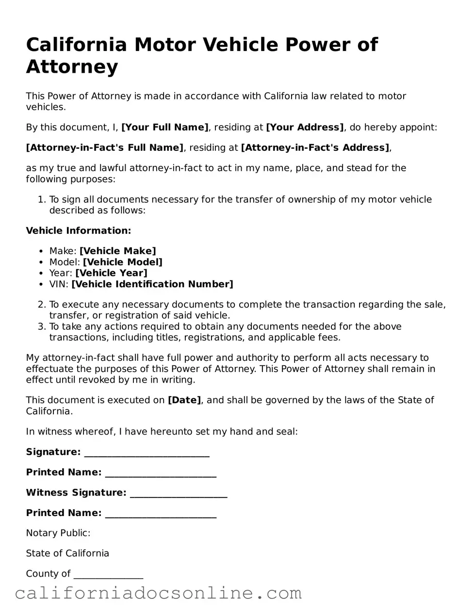 Official California Motor Vehicle Power of Attorney Document