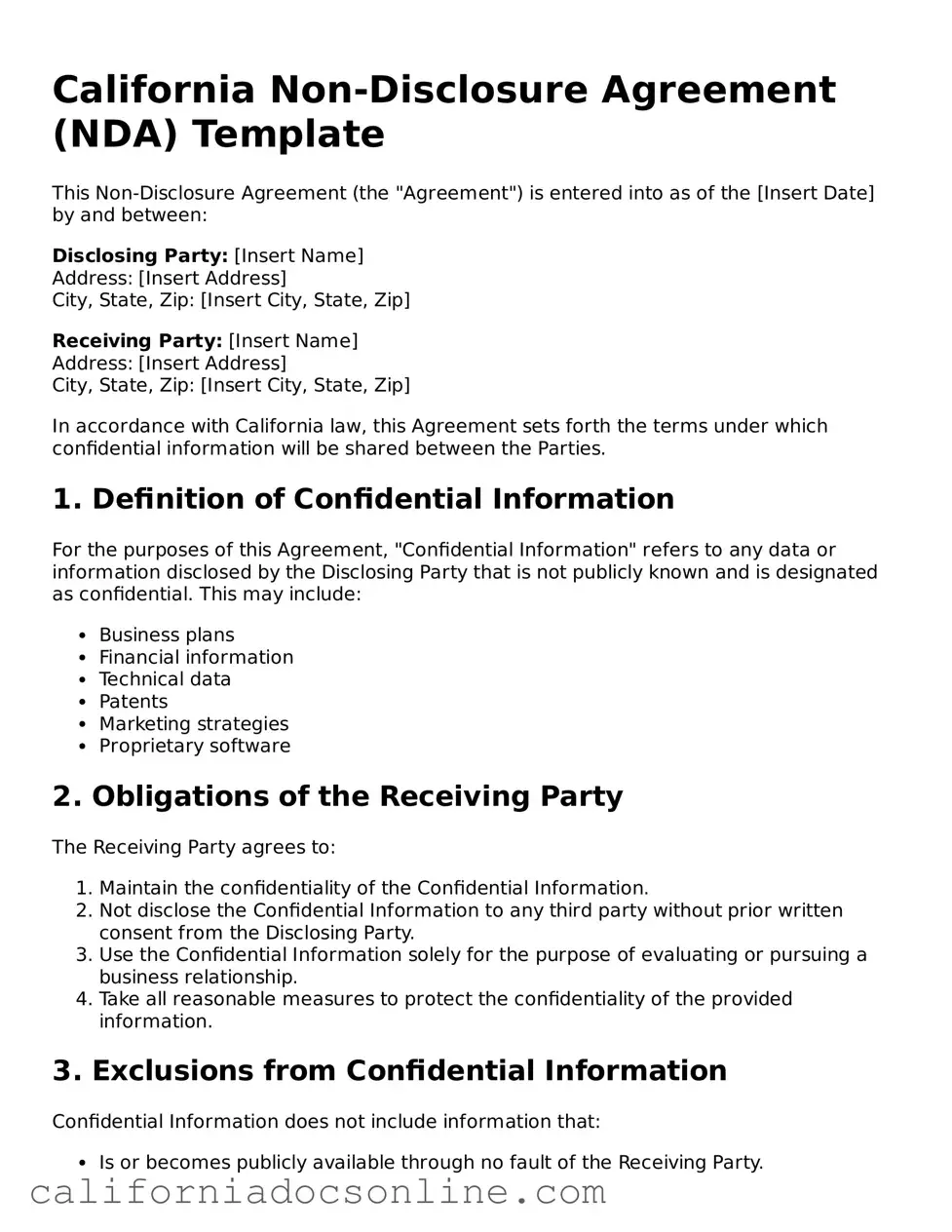 Official California Non-disclosure Agreement Document