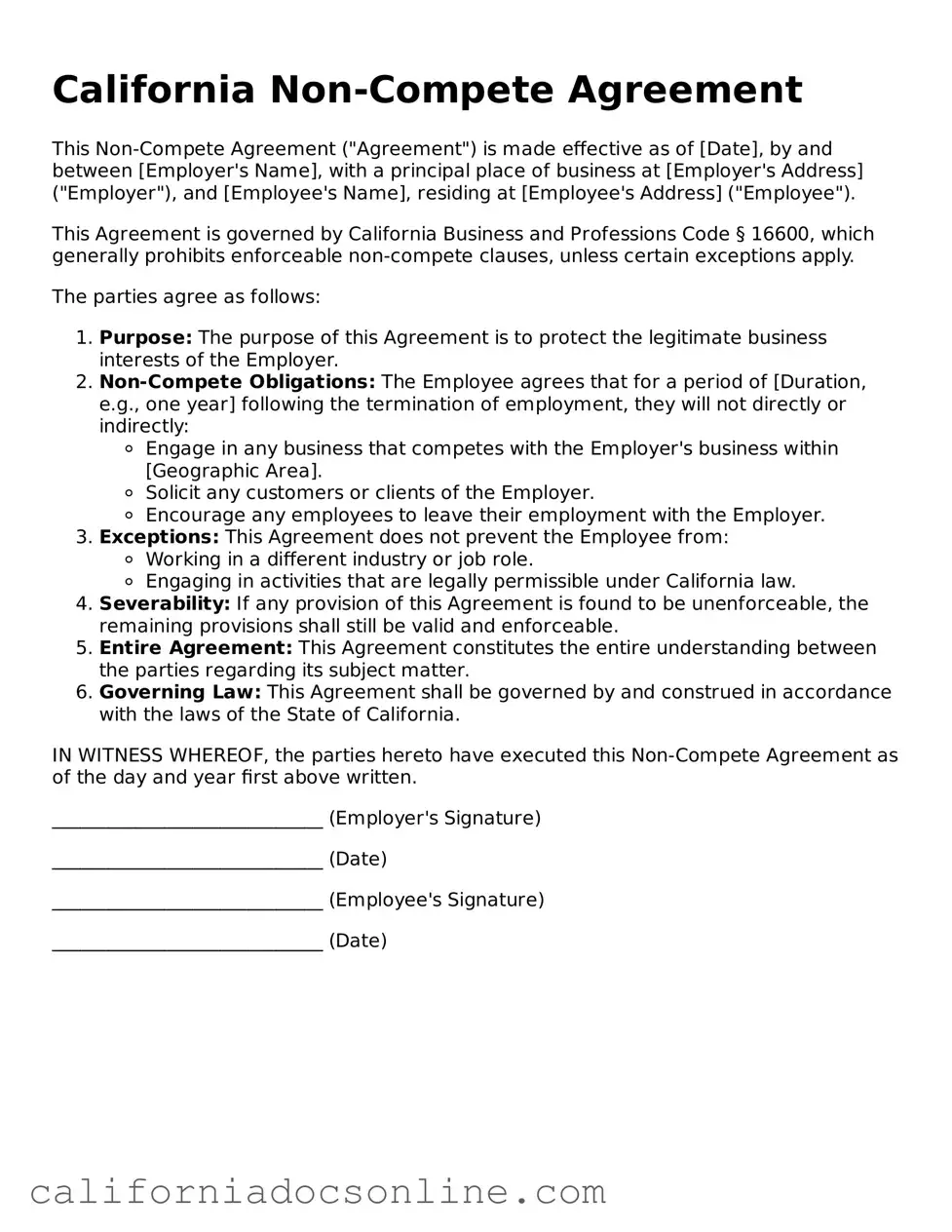 Official California Non-compete Agreement Document