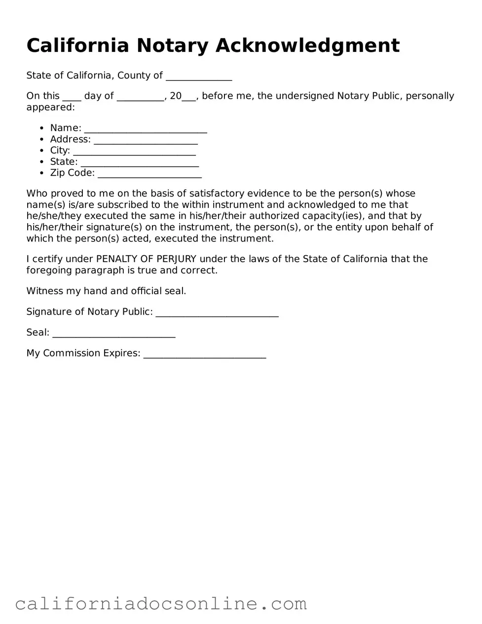 Official California Notary Acknowledgement Document