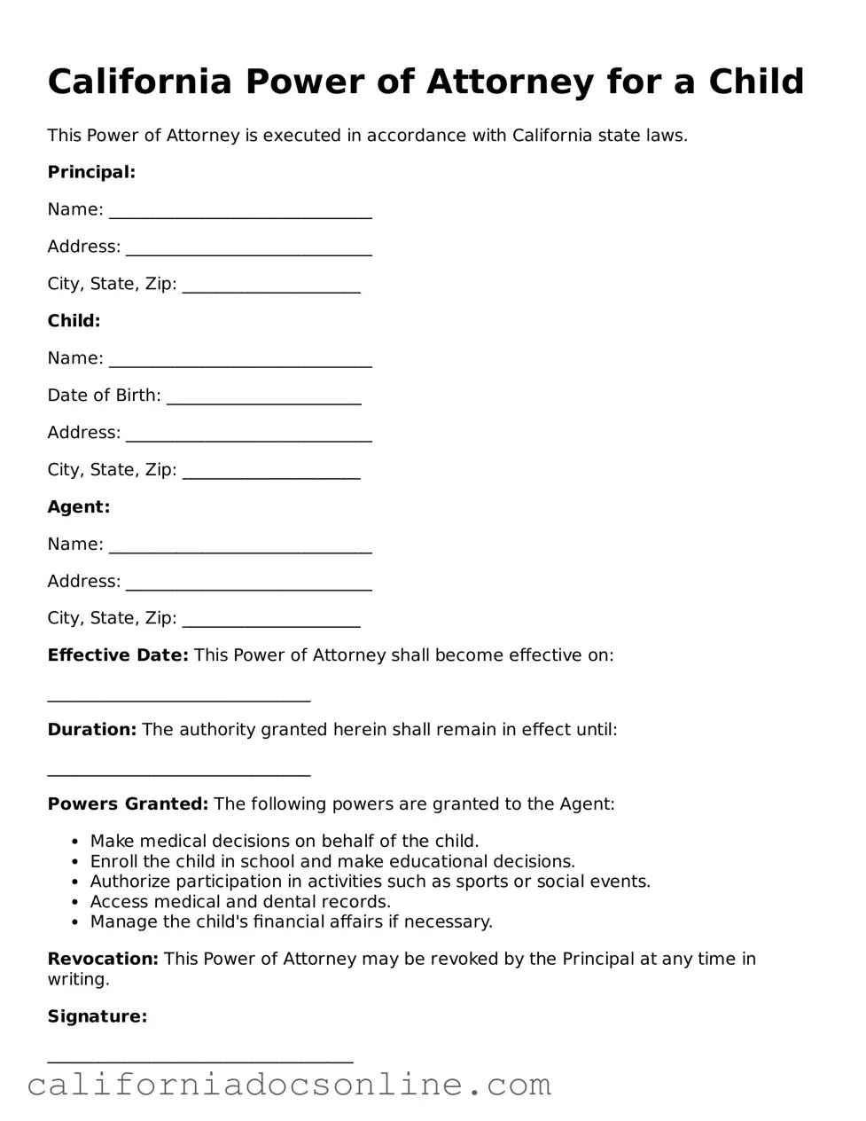 Official California Power of Attorney for a Child Document