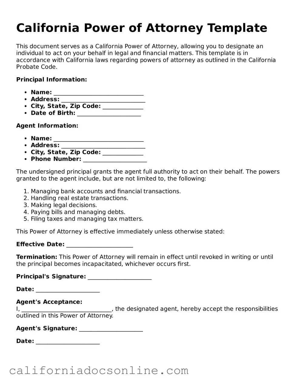 Official California Power of Attorney Document