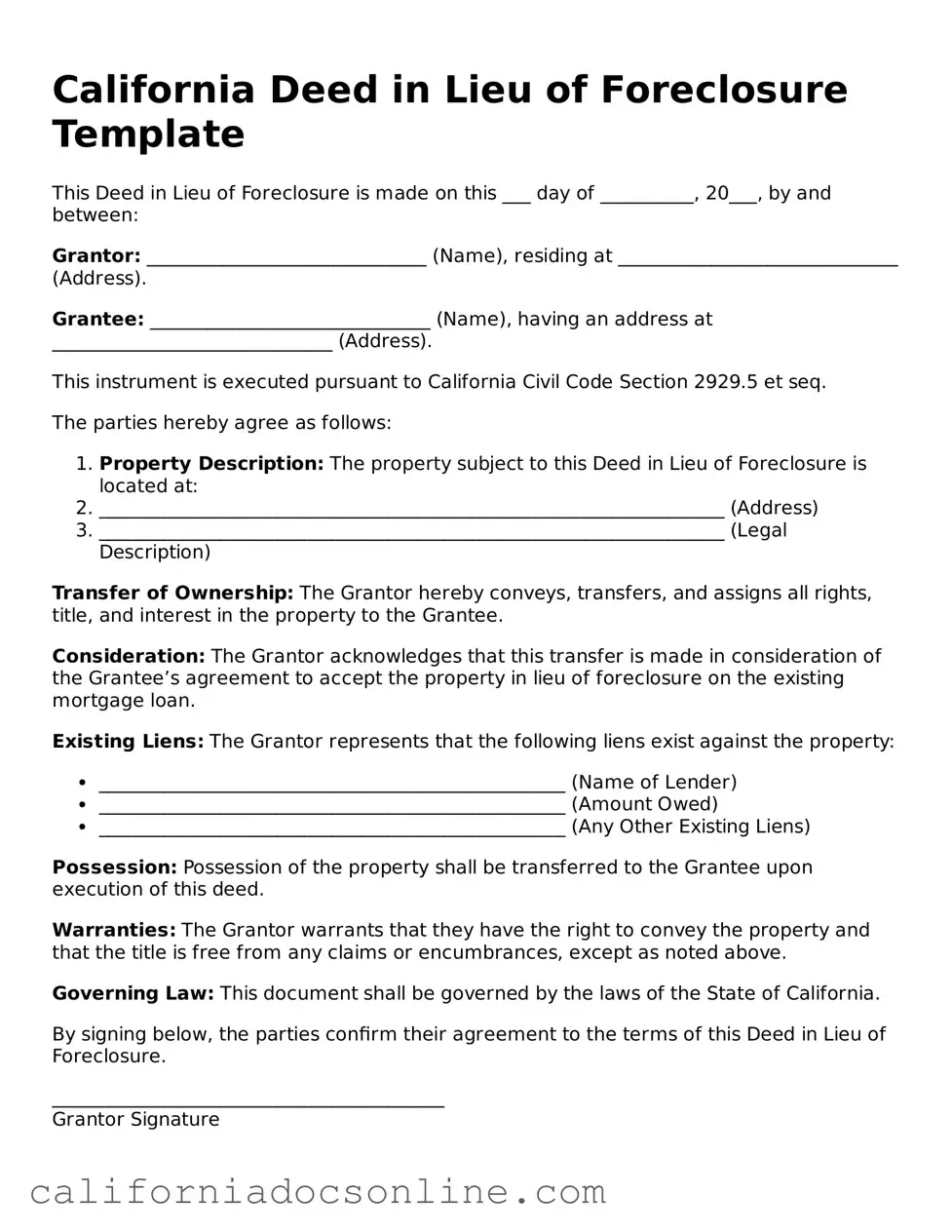 Official California Deed in Lieu of Foreclosure Document