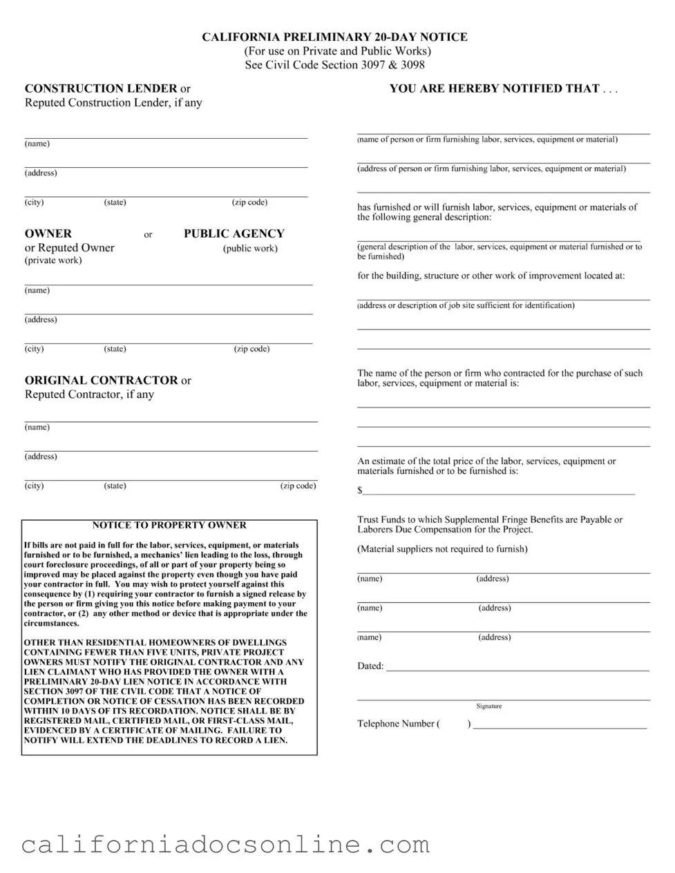 Fill Your California Preliminary 20 Day Notice Form