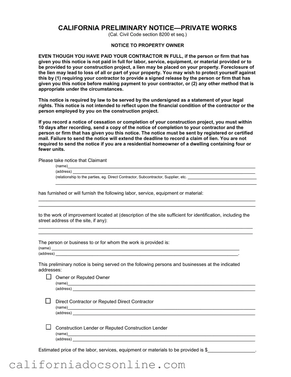 Fill Your California Preliminary Notice Private Works Form