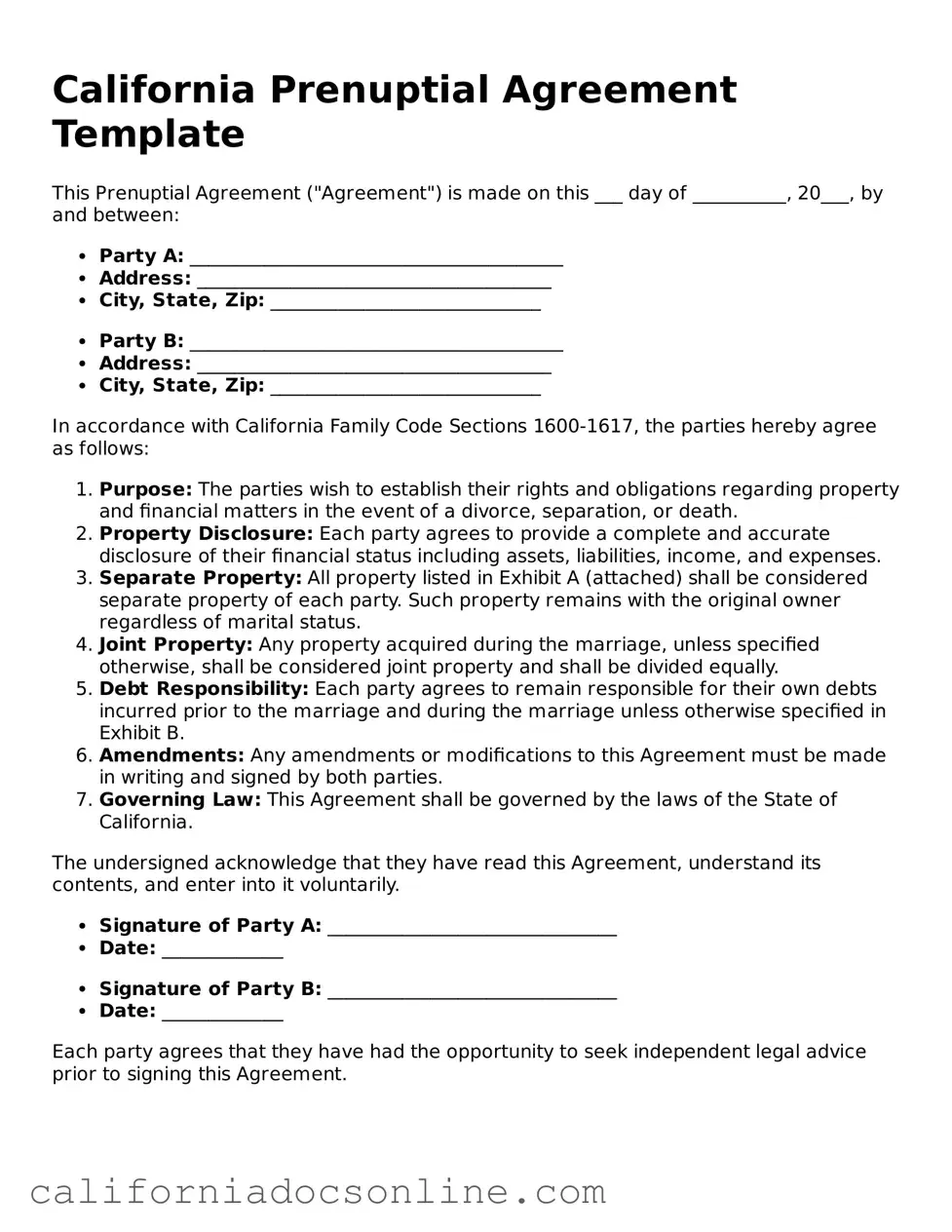 Official California Prenuptial Agreement Document