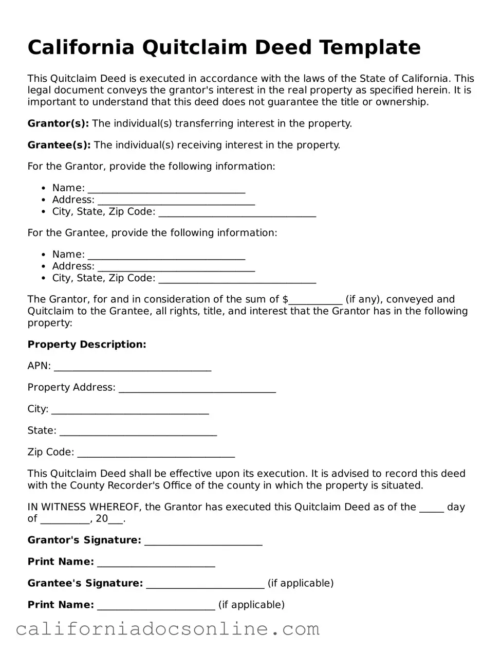 Official California Quitclaim Deed Document