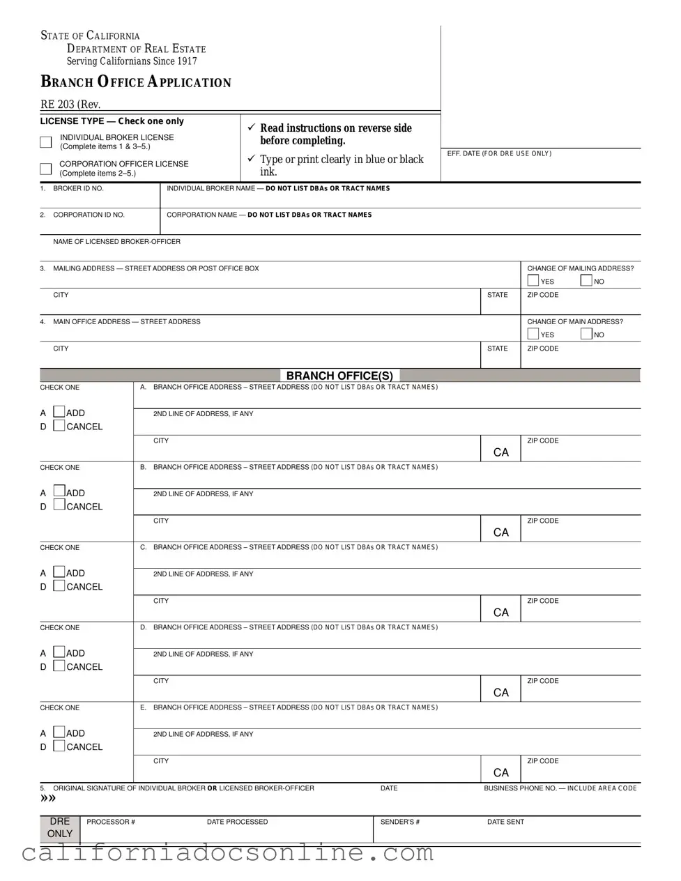 Fill Your California Re 203 Form