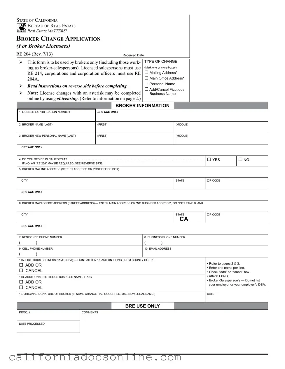 Fill Your California Re 204 Form