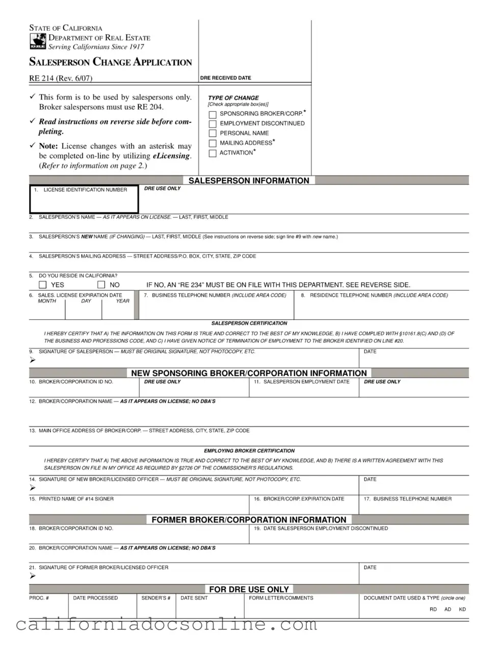 Fill Your California Re 214 Form