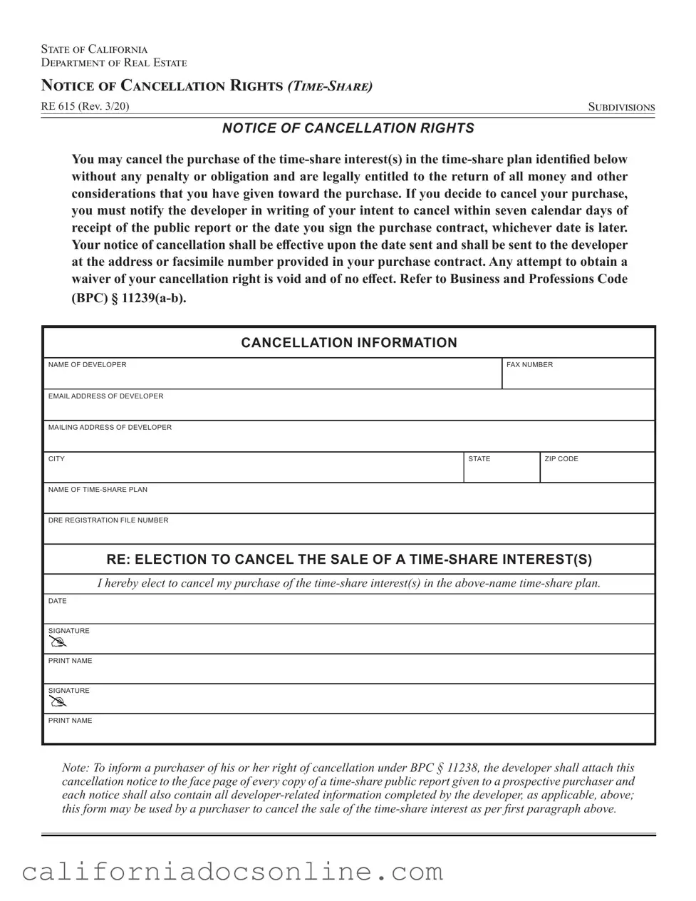 Fill Your California Re 615 Form