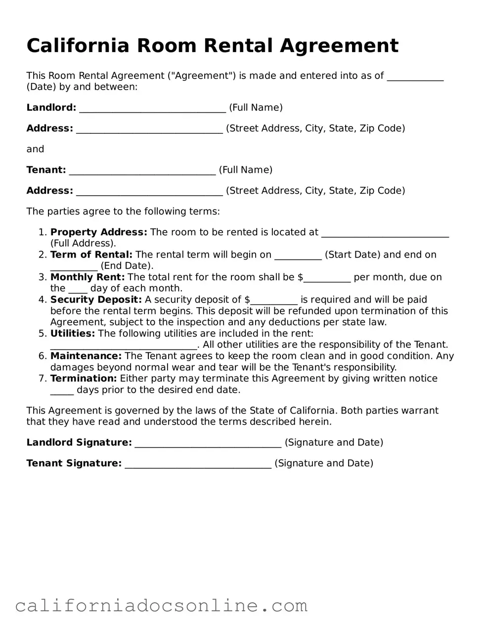 Official California Room Rental Agreement Document