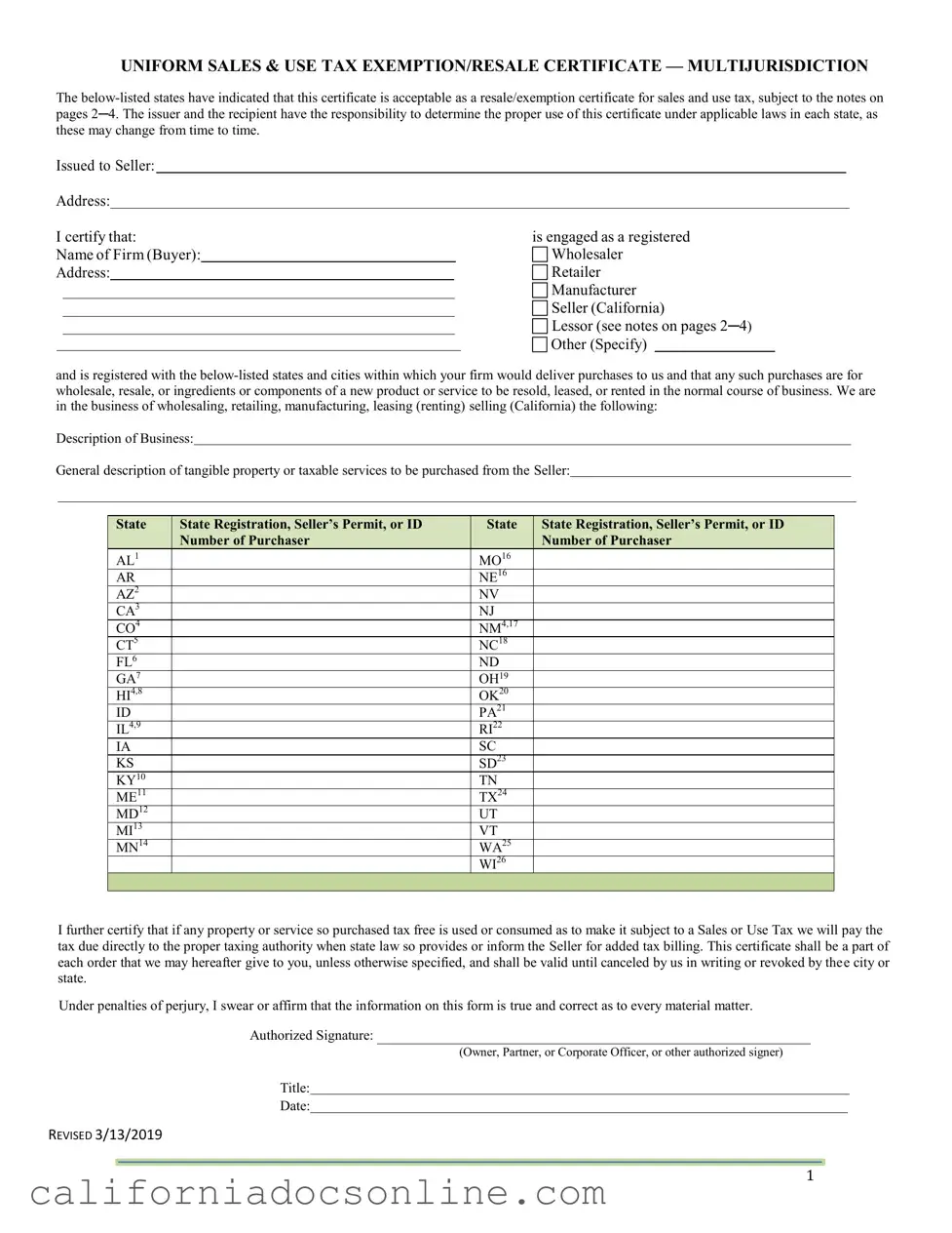 Fill Your California Sales Tax Certificate Form