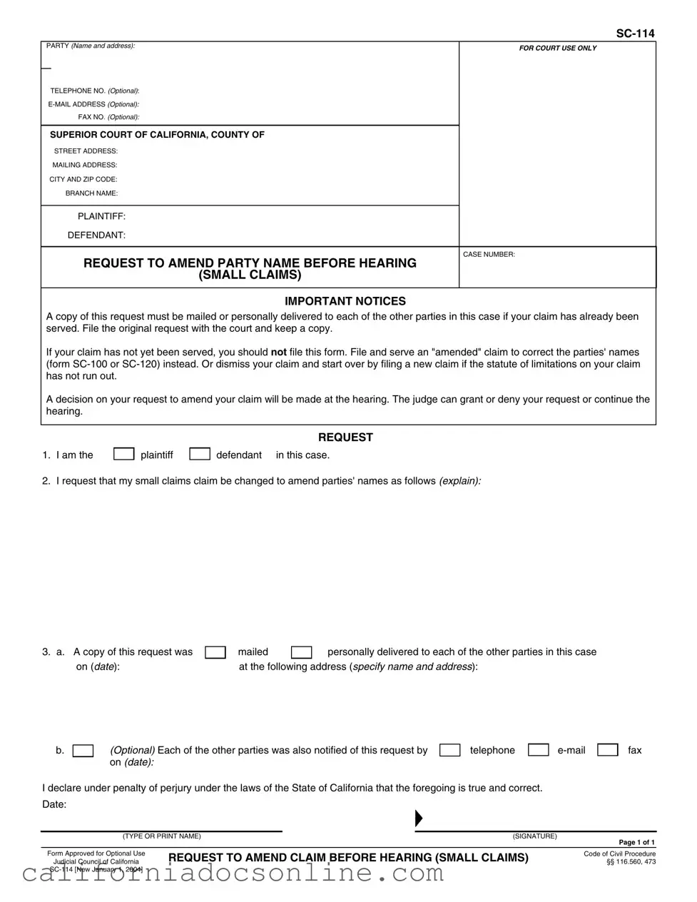 Fill Your California Sc 114 Form