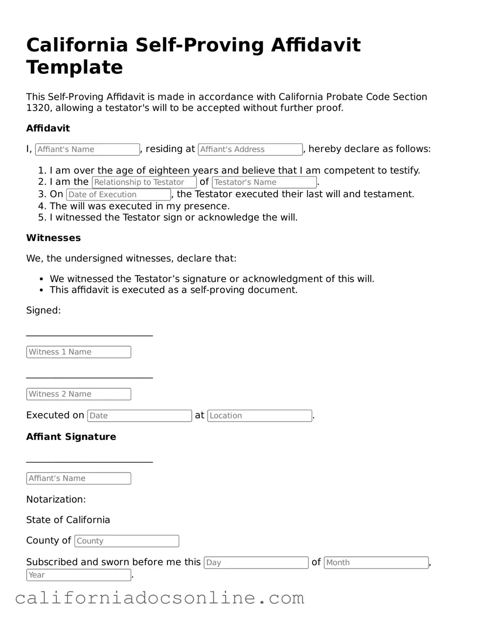 Official California Self-Proving Affidavit Document