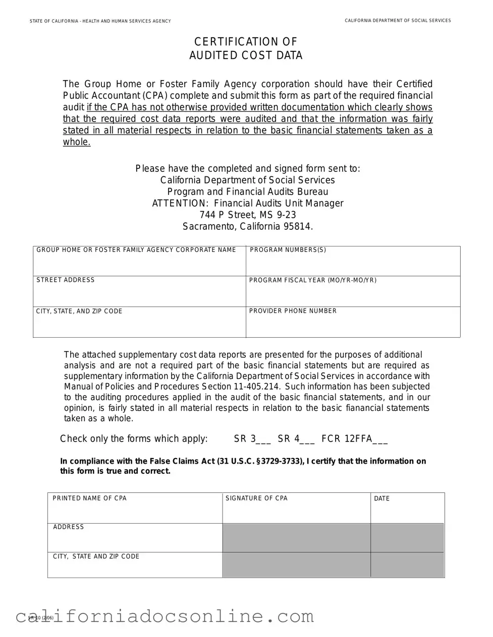 Fill Your California Sr 10 Form