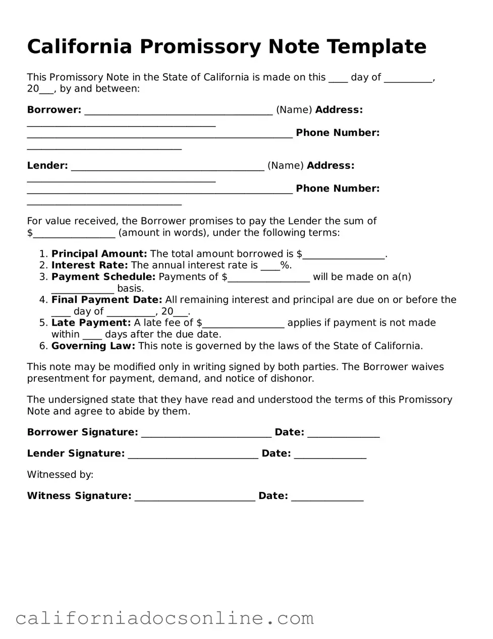 Official California Promissory Note Document