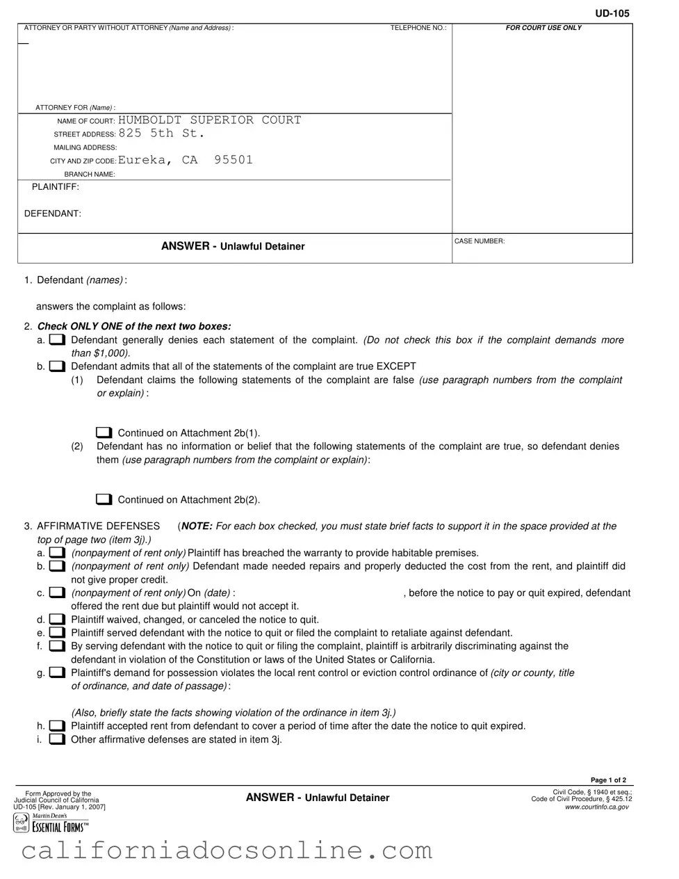 Fill Your California Ud 105 Form