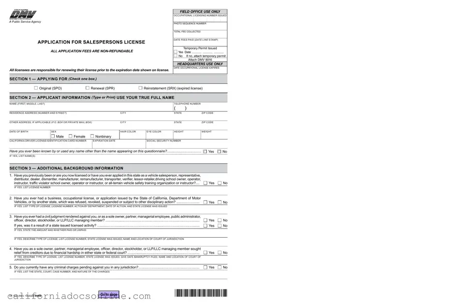 Fill Your California Vehicle Salesperson License Form
