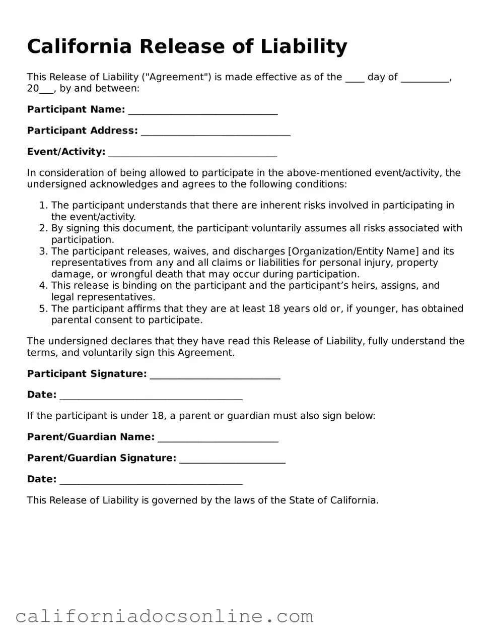 Official California Release of Liability Document
