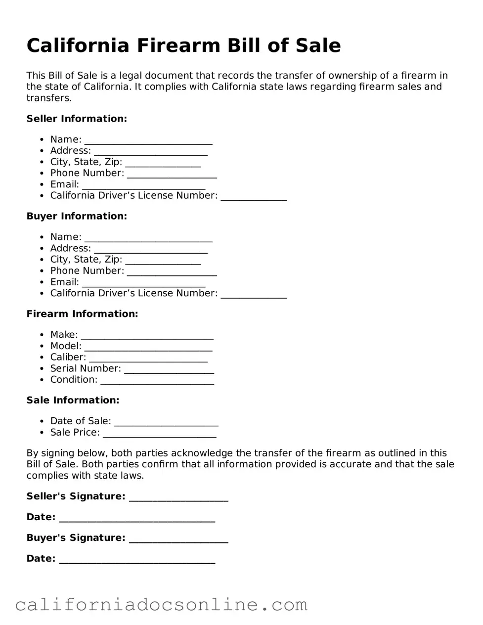 Official California Firearm Bill of Sale Document