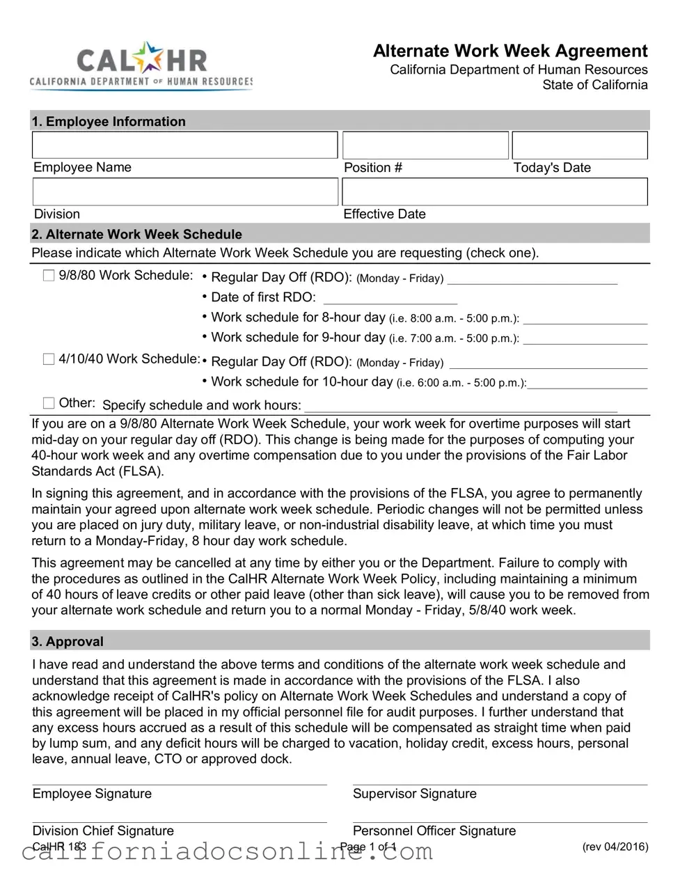 Fill Your California Work Week Agreement Form