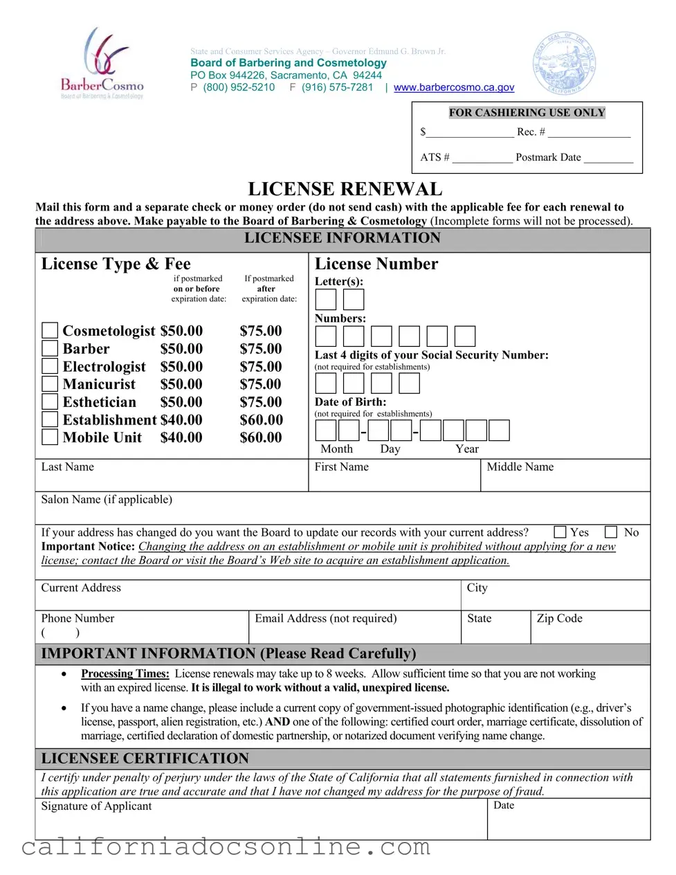 Fill Your Cosmetology License Renewal California Form