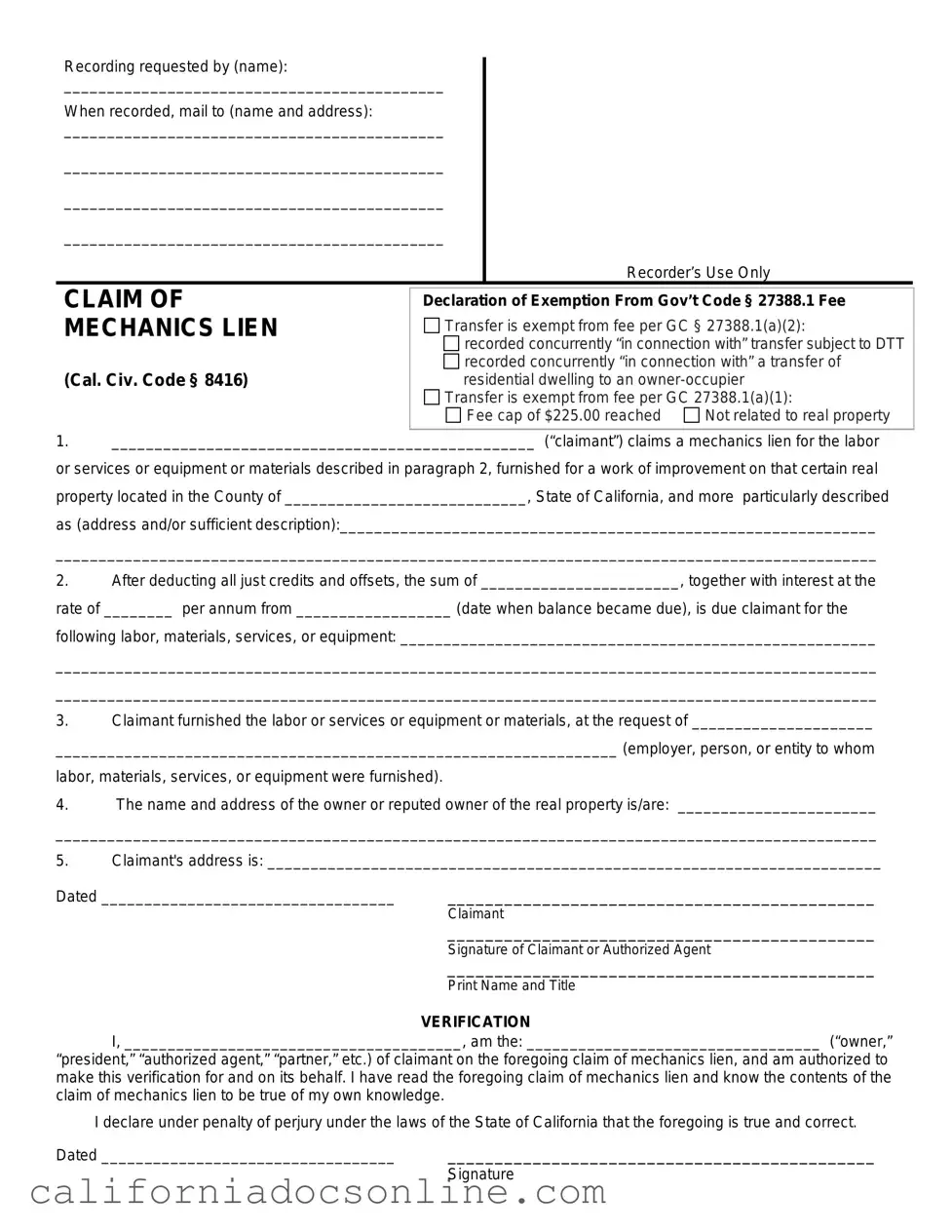 Fill Your Mechanics Lien California Form