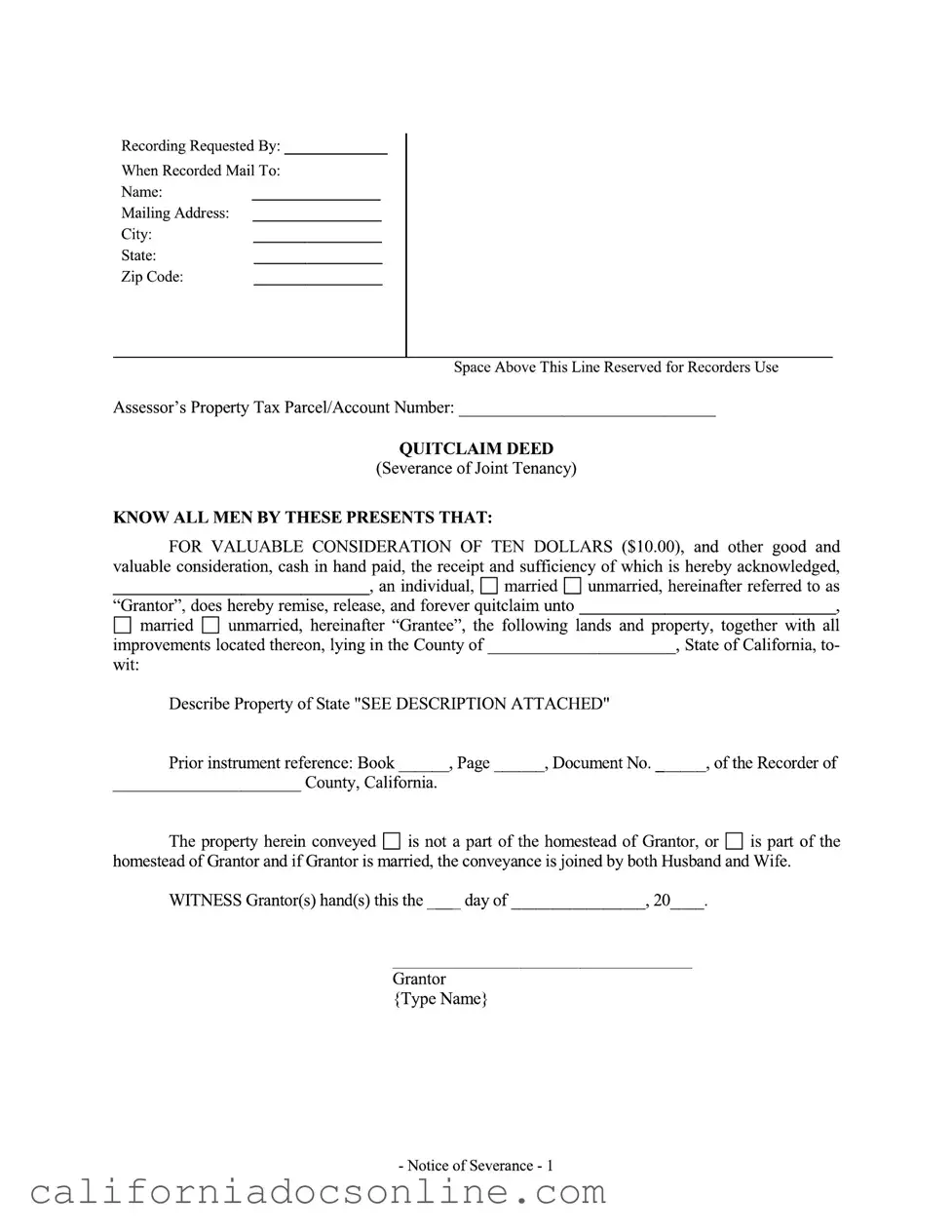 Fill Your Notice Of Severance Of Joint Tenancy California Divorce Form