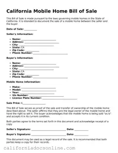 Official California Mobile Home Bill of Sale Document