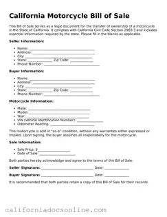 Official California Motorcycle Bill of Sale Document
