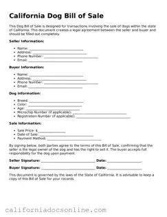 Official California Dog Bill of Sale Document