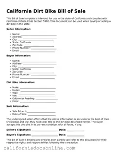 Official California Dirt Bike Bill of Sale Document