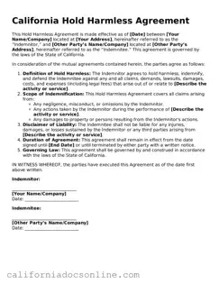 Official California Hold Harmless Agreement Document