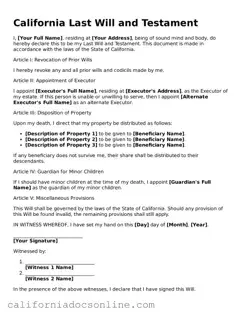 Official California Last Will and Testament Document