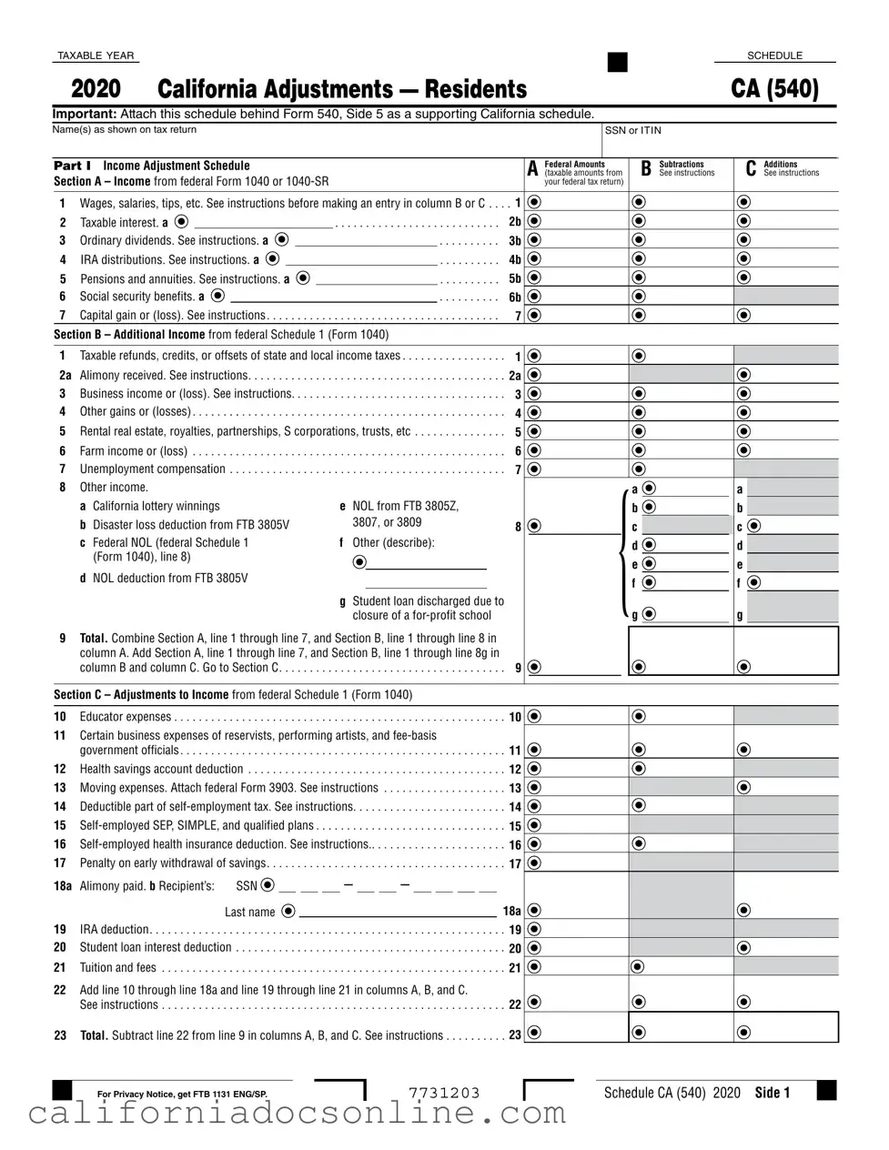 Fill Your Schedule California 540 Form